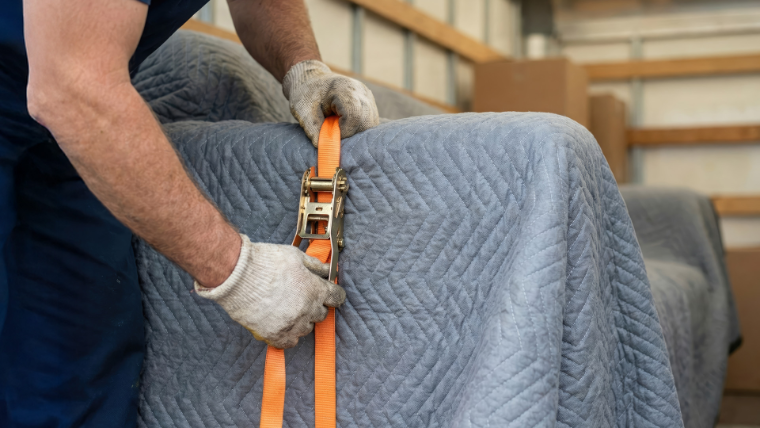 Removalist strapping a blanket-wrapped sofa inside a truck